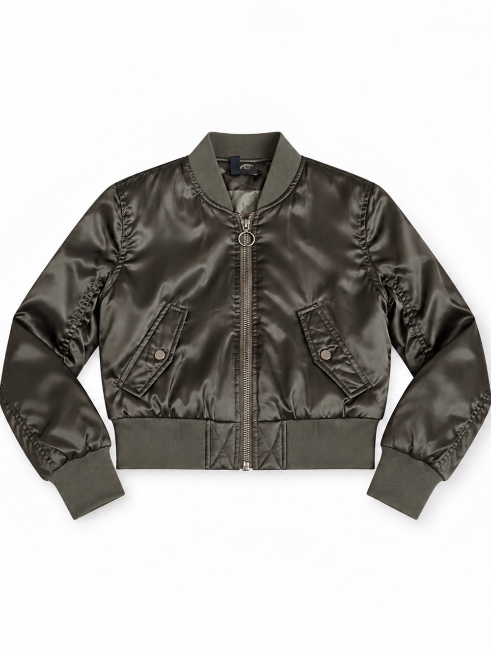 H&M Divided Women’s Size 8 Olive Gray Satin Bomber Jacket Cropped Zip Up